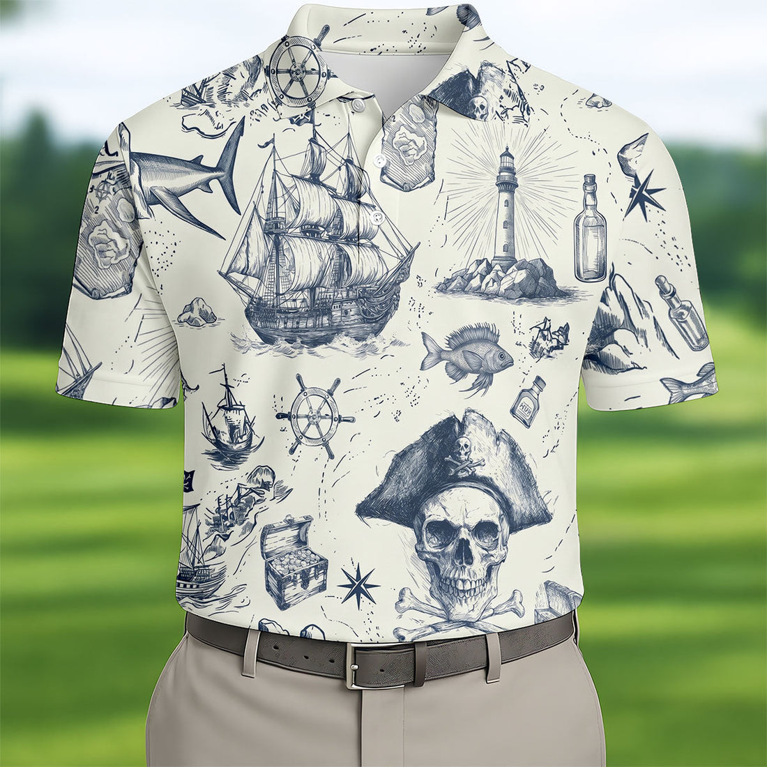 Ivory Vintage Pirate Map Pattern Hawaiian Golf Shirt, Golf Shirts For Men, Polo Shirts For Men