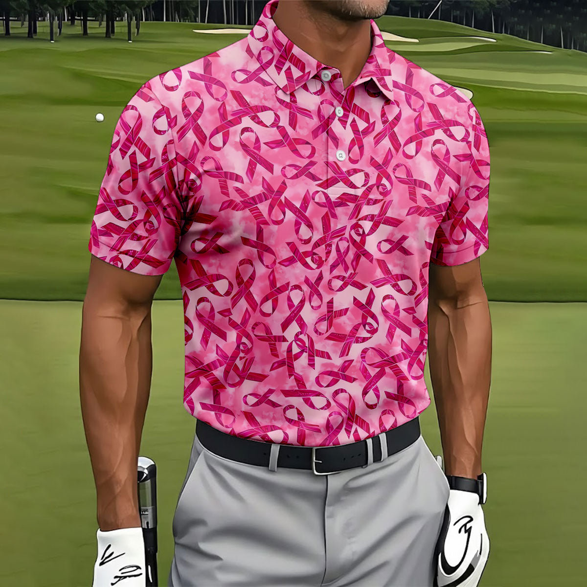 Pink Ribbon Breast Cancer Pattern Polo Shirt, Hawaiian Golf Shirt, Golf Shirts For Men