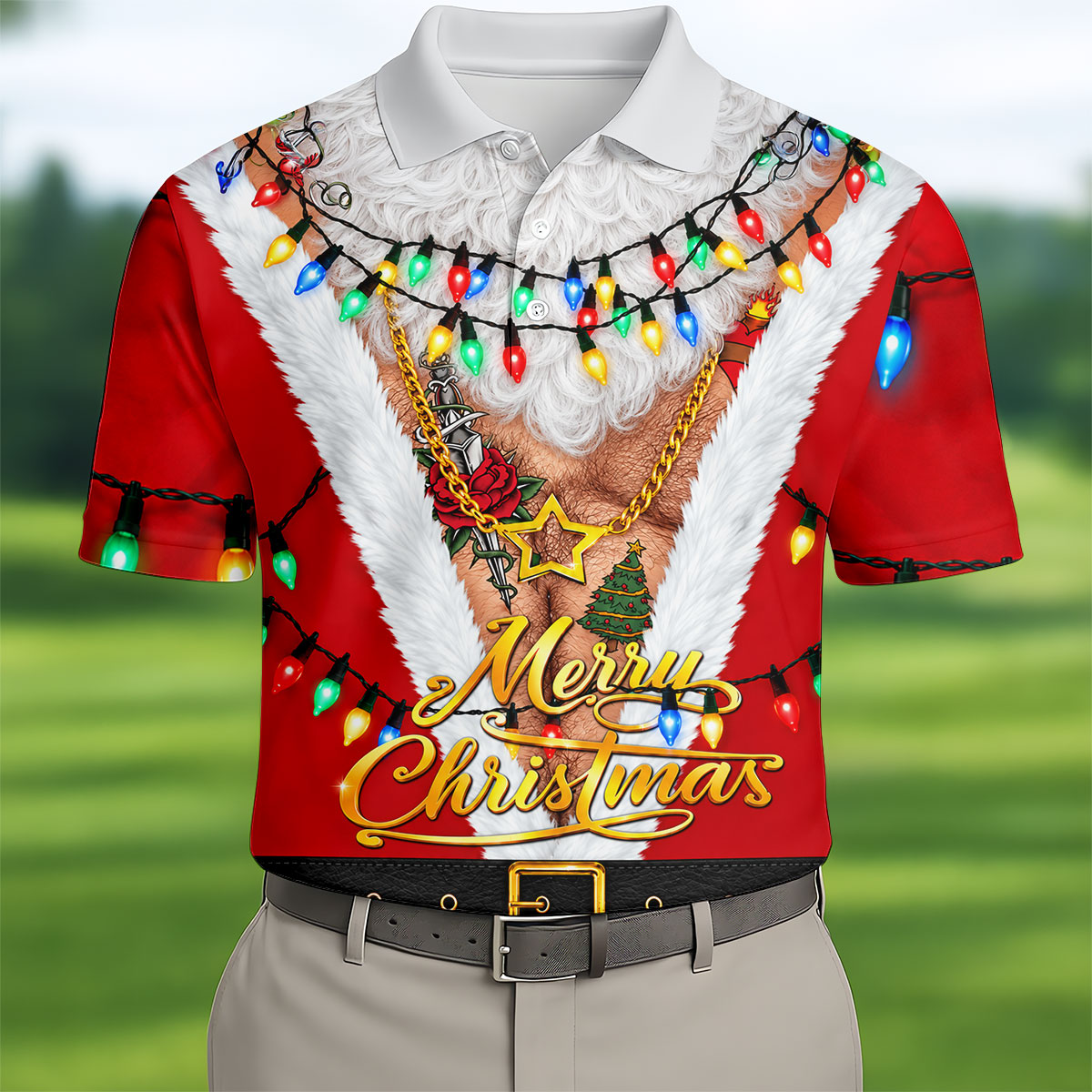 Merry Christmas Santa Lights Gold Chain Polo Shirt, Mens Golf Polo, Golf Shirts For Men