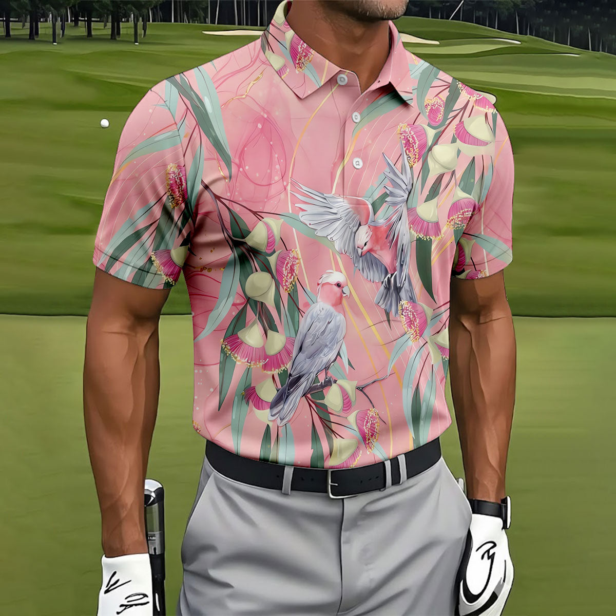 Pink Cockatoo Eucalyptus Floral Polo Shirt, Hawaiian Golf Shirt, Golf Shirts For Men