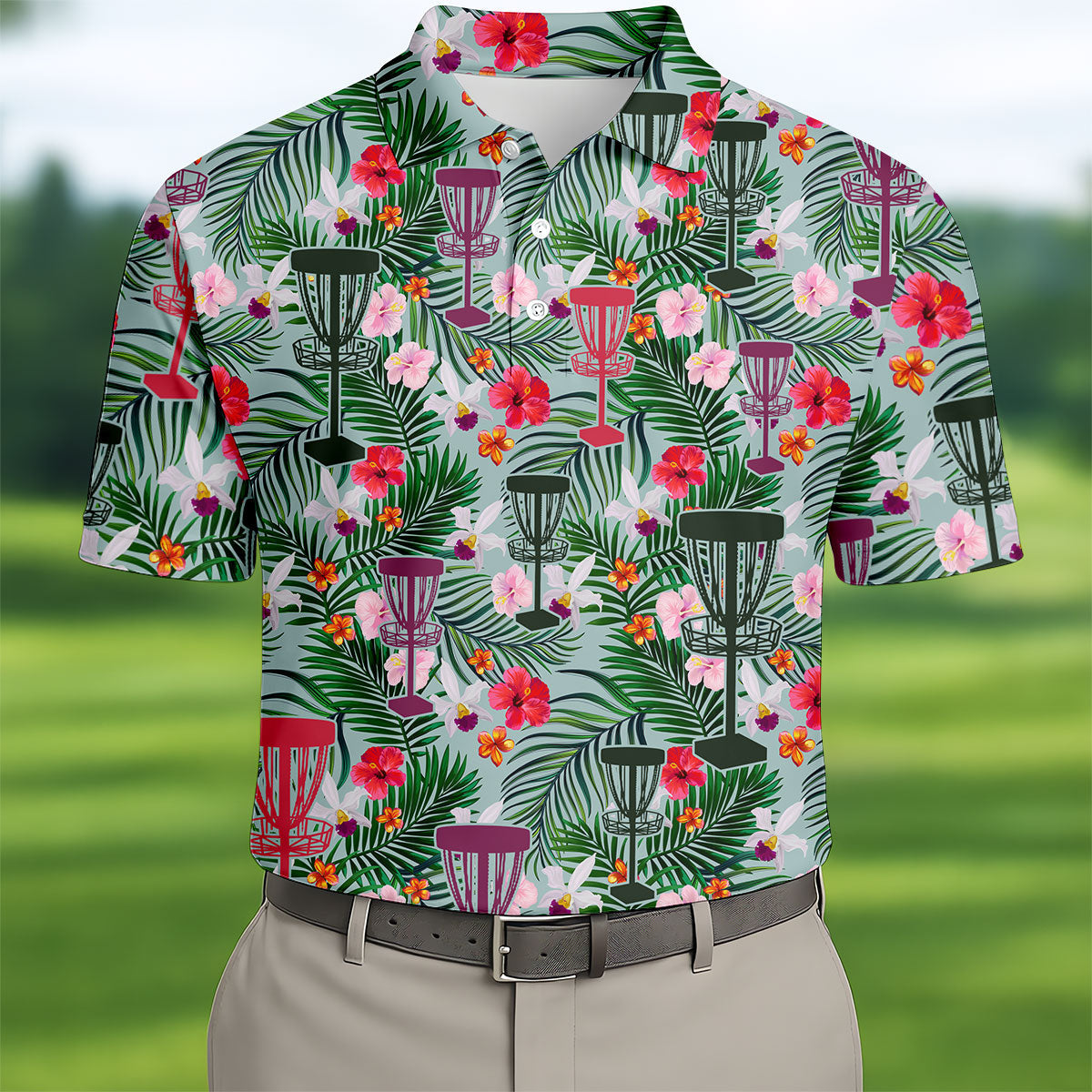 Tropical Disc Golf Basket Floral Polo Shirt, Hawaiian Golf Shirt, Golf Polo Shirts For Men