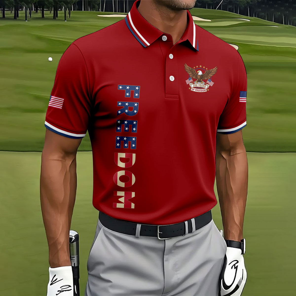 250 Years Of Freedom US Flag Logo Red Golf Shirt, Patriotic 4th Of July Golf Shirts For Men
