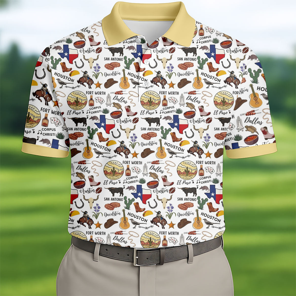 Texas Symbols Western Theme Doodle Style Golf Tops For Men, Polo Shirts For Men, Golf Shirts For Men