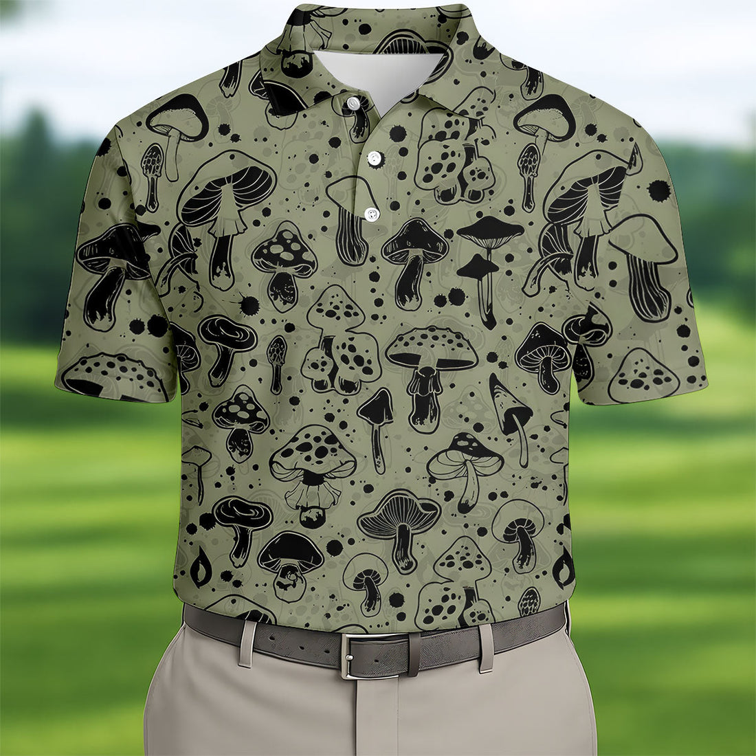 Vintage Mushroom Sketch Pattern Hawaiian Golf Shirt, Printed Golf Shirts, Golf Apparel For Men