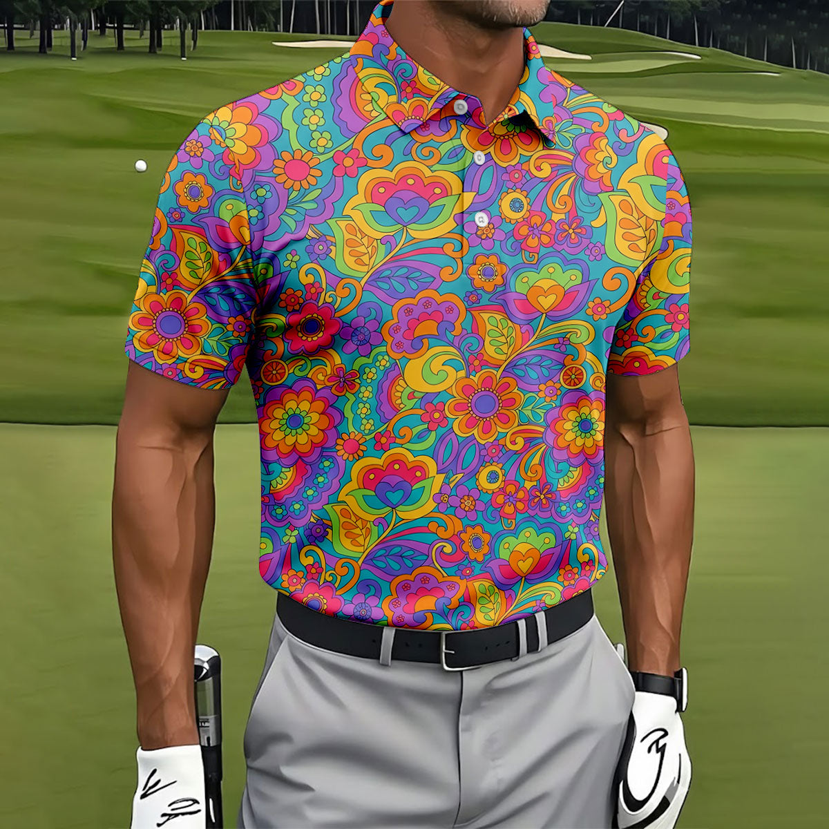 Vintage Psychedelic Floral Pattern Hawaiian Golf Shirt, Mens Golf Shirts, Golf Polo Shirts For Men