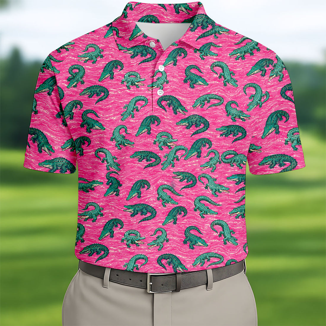 Alligator Pattern Golf Shirt, Pink Gator Print Men's Golf Polo, Polo Shirts For Men