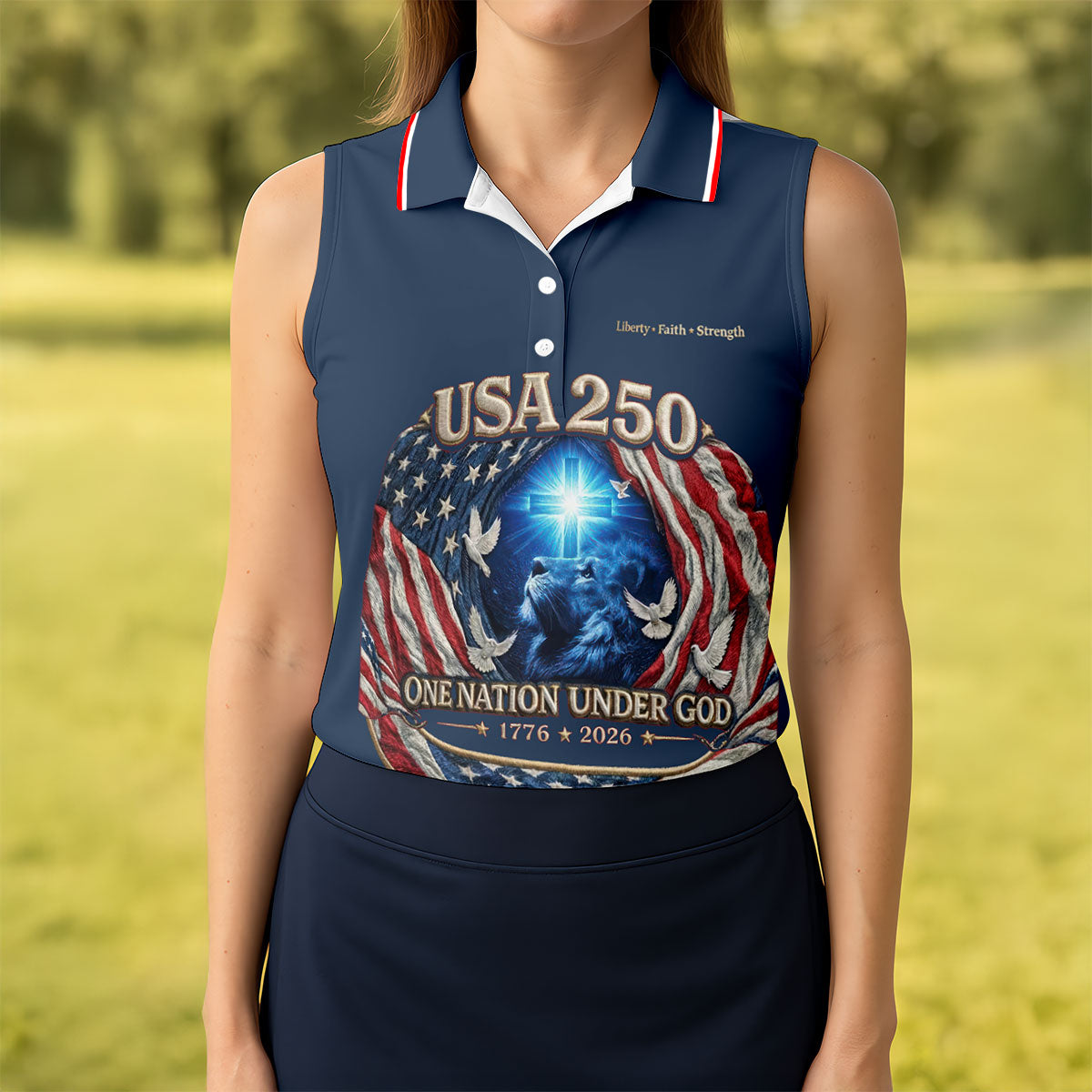 One Nation Under God Faith Cross USA 250 Navy Golf Shirt, 4th Of July Golf Shirt For Women