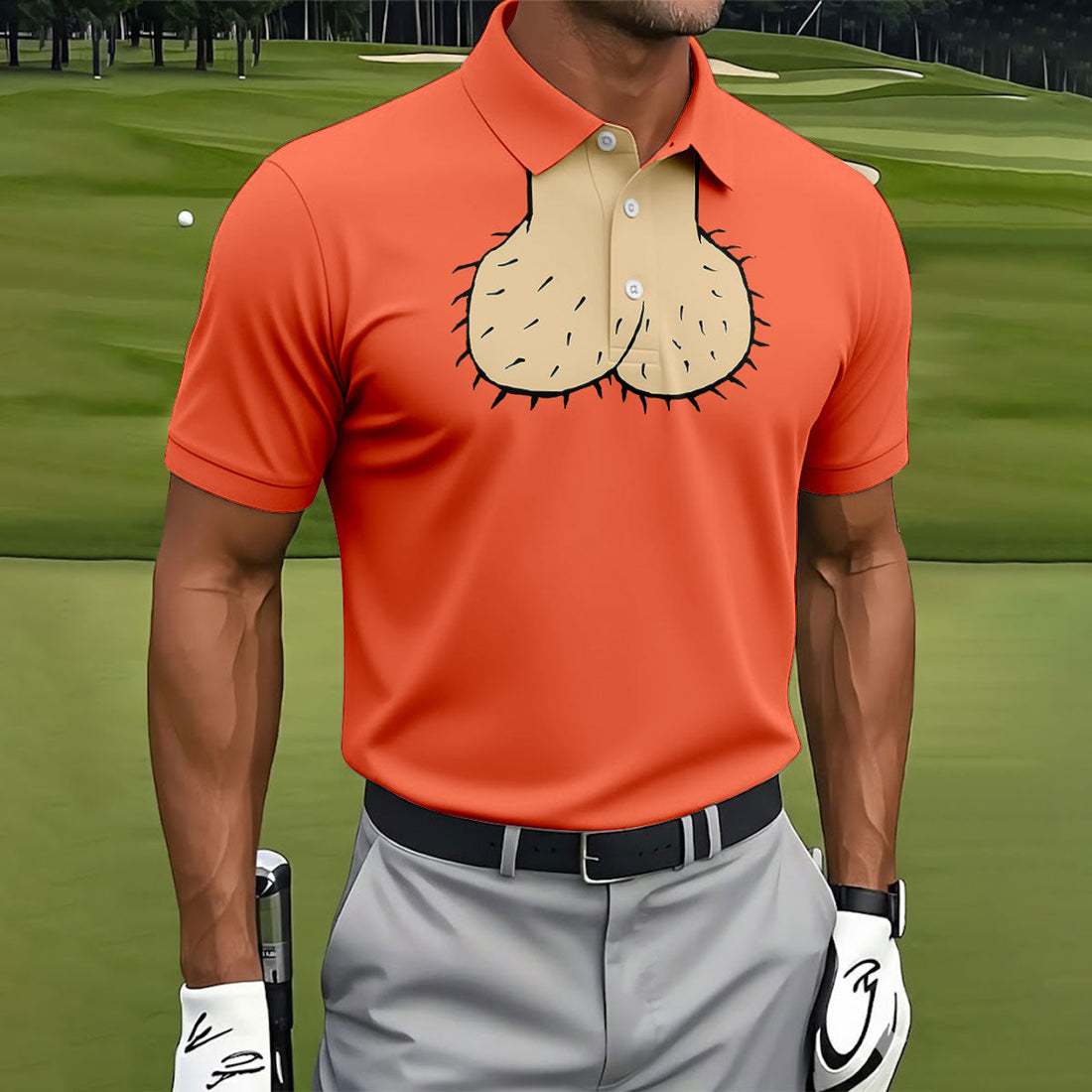 Orange Funny Dickhead Faux Chest Golf Shirt, Golf Shirts For Men, Mens Golf Apparel