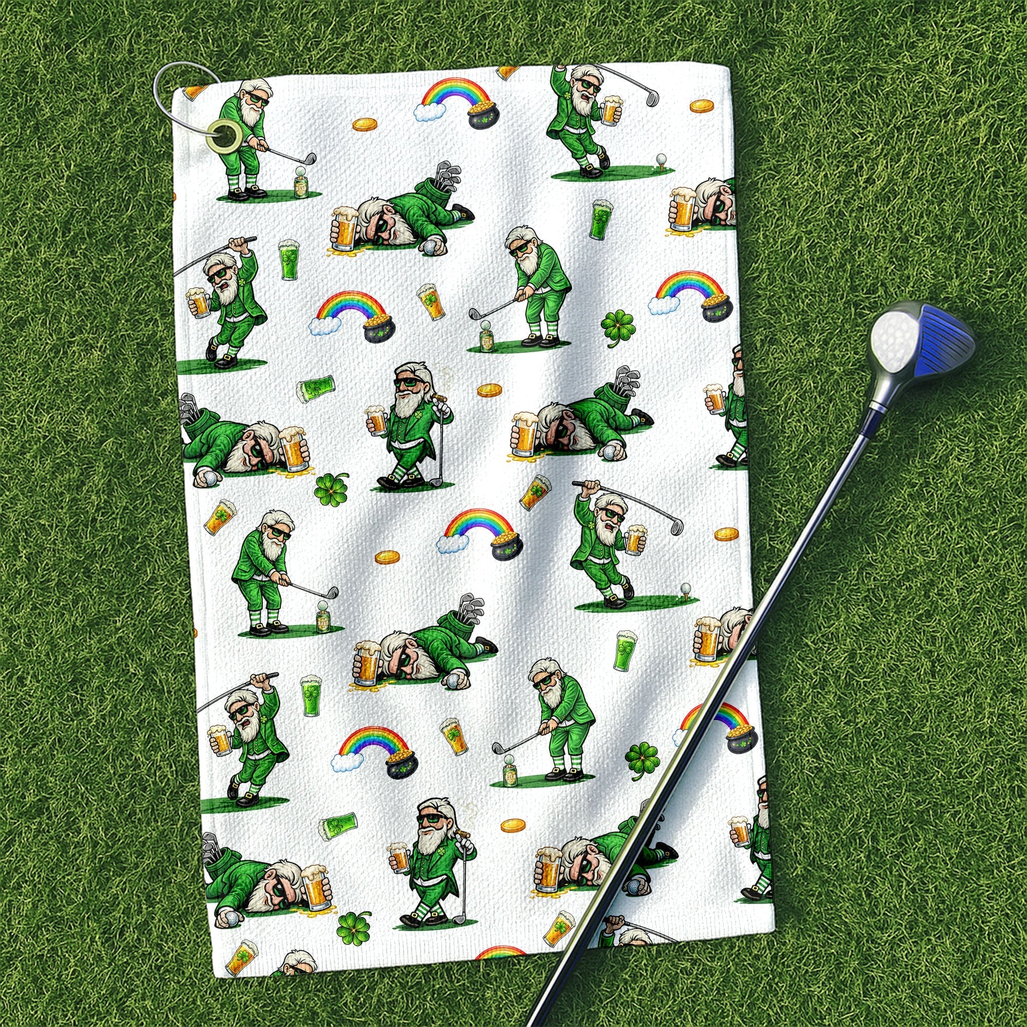 St. Patrick's Day Leprechaun Golf Towel White With Beer And Lucky Shamrock, Golf Towel, Funny Golf Gift