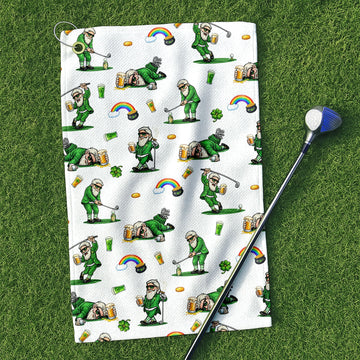 St. Patrick's Day Leprechaun Golf Towel White With Beer And Lucky Shamrock, Golf Towel, Funny Golf Gift