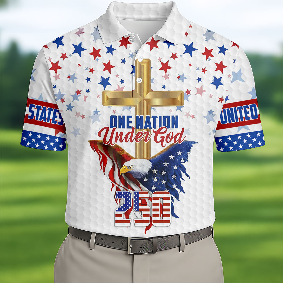 One Nation Under God Faith Cross Bald Eagle 4th Of July Golf Shirt, 250 Years Golf Shirts For Men