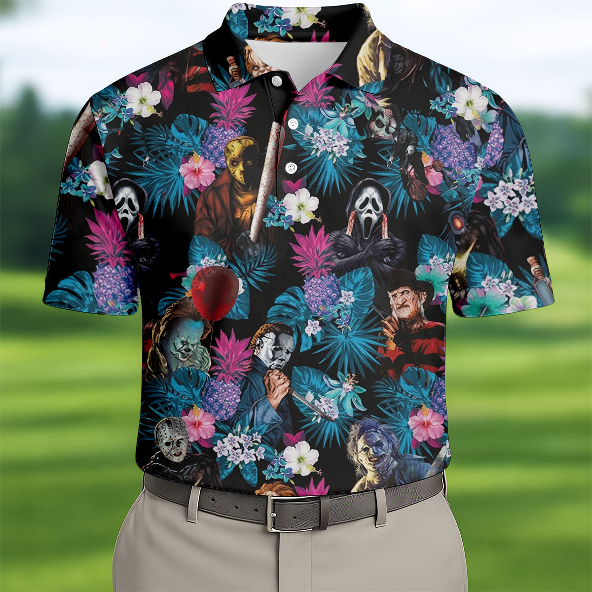 Tropical Horror Movie Villains Halloween Golf Polo Shirt, Hawaiian Golf Shirt, Mens Golf Apparel