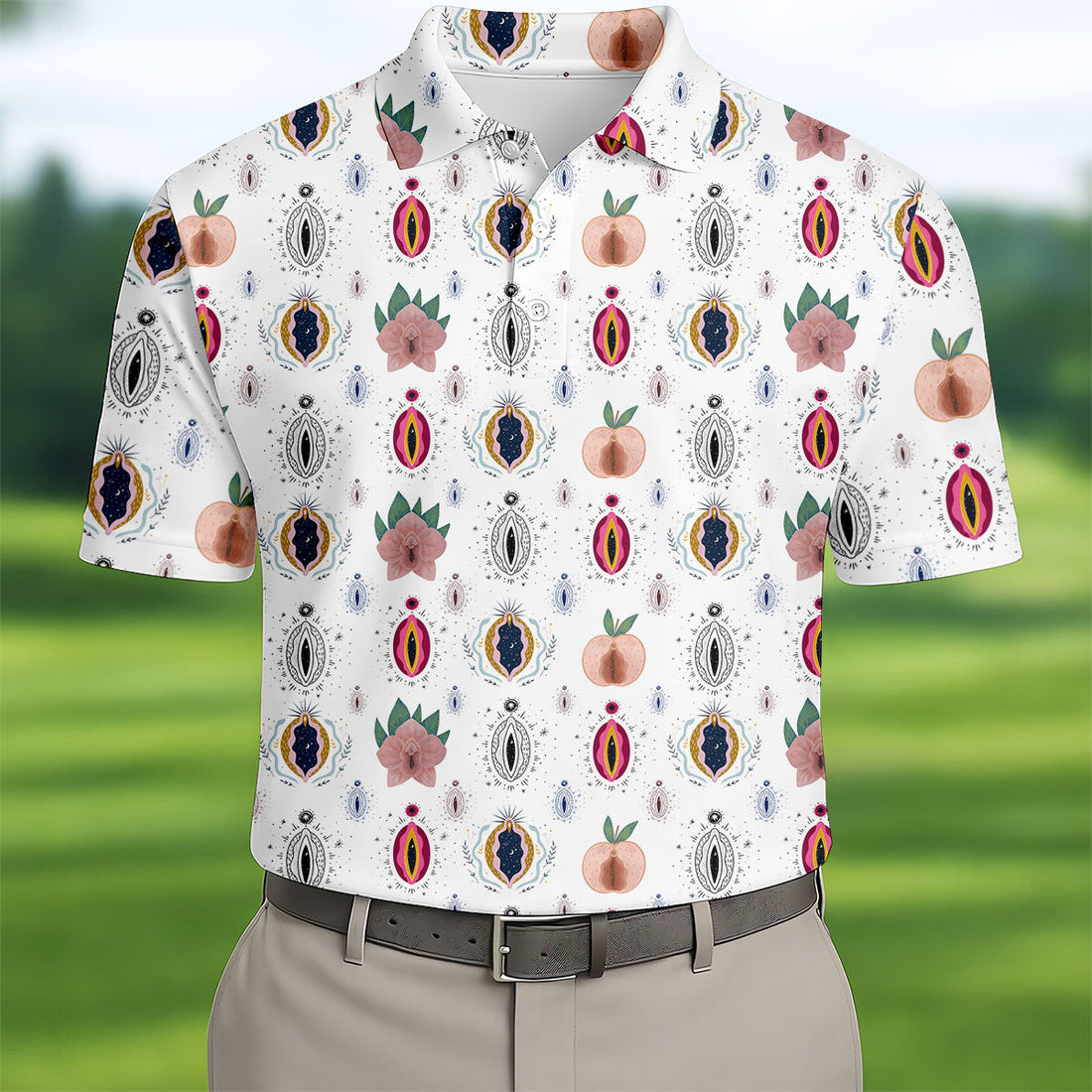 Abstract Peach Botanical Pattern Golf Shirt, Mens Golf Polo, Golf Apparel For Men