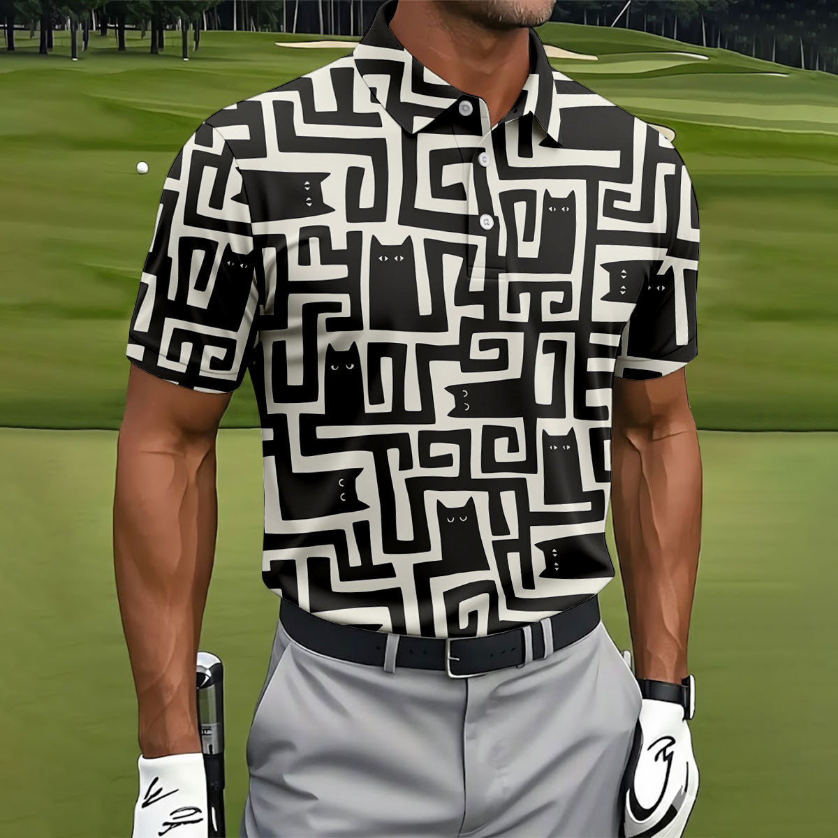 Minimalist Black Cat Maze Pattern Golf Polo Shirt, Men's Golf Shirt, Printed Golf Shirts