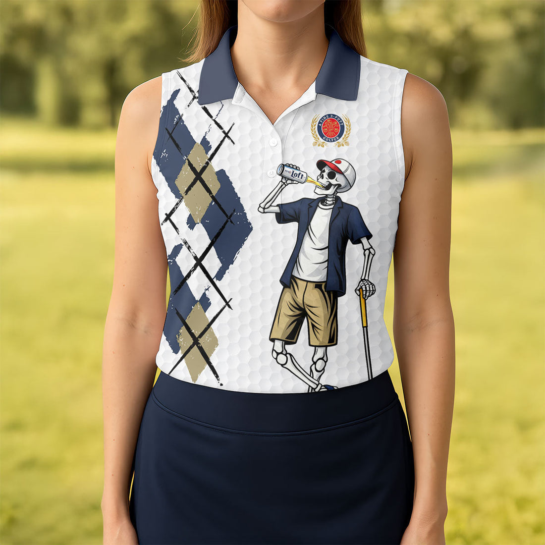 Funny Skeleton Golfer Drinking Beer Polo Shirt, Women’s Golf Apparel, Ladies Golf Shirts