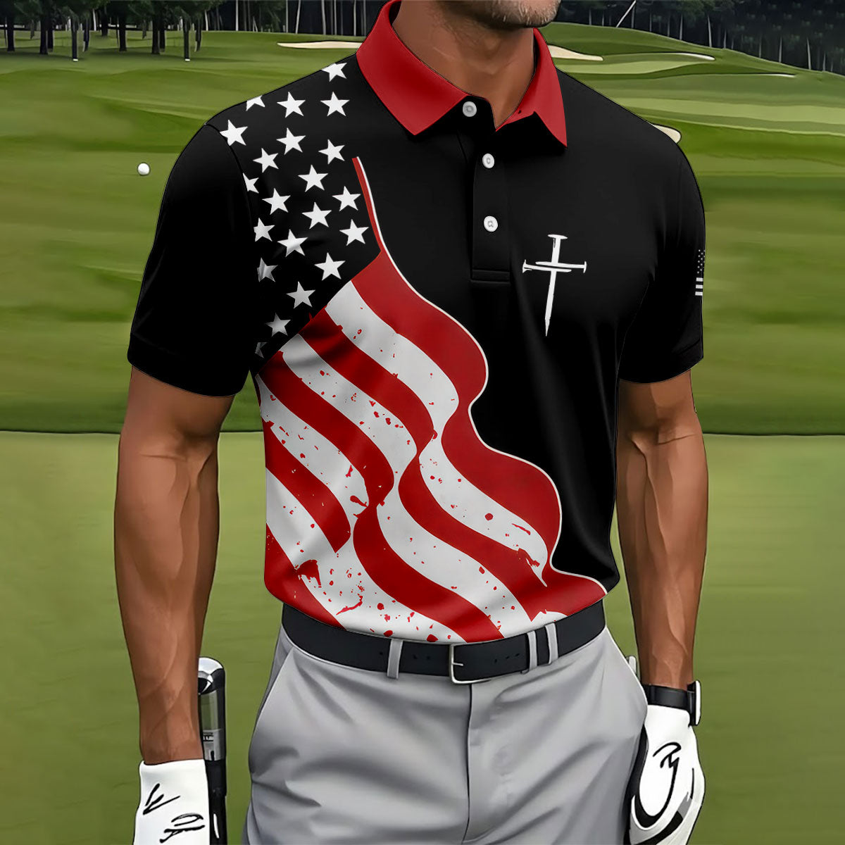 Faith Cross America 250th Anniversary 4th Of July Shirt, Patriotic Black Golf Shirts For Men