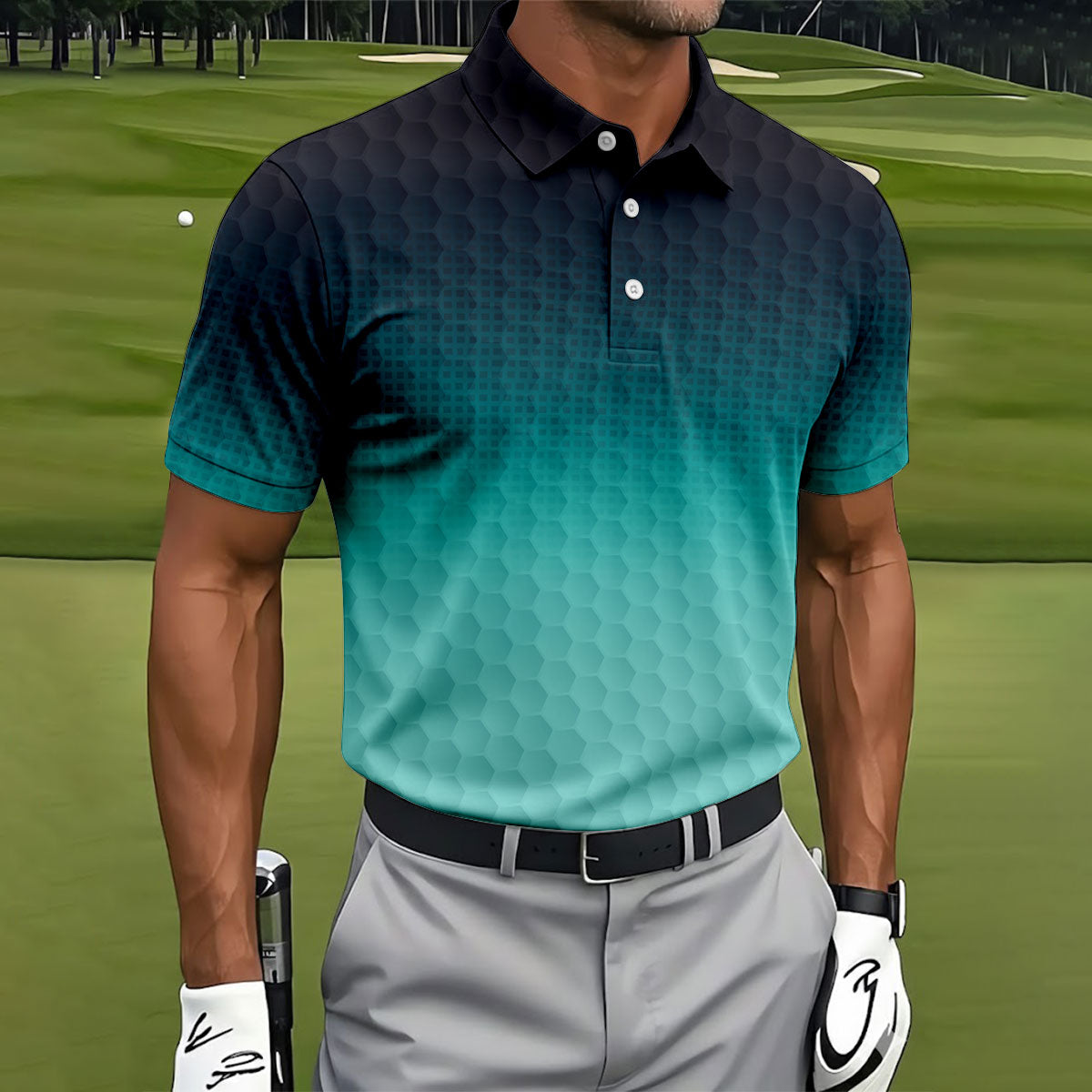 Turquoise Gradient Golf Ball Pattern Hawaiian Golf Shirt, Golf Shirts For Men