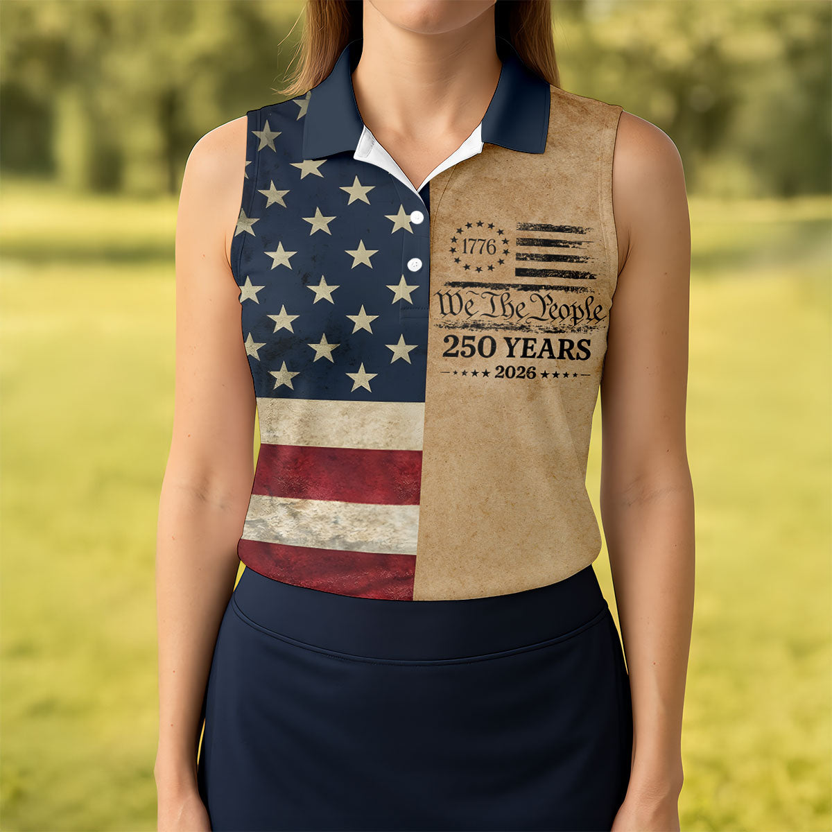 We The People 250 Years US Flag Pattern Patriotic Golf Shirt, 4th Of July Golf Shirt For Women