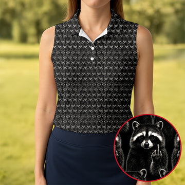 Funny Rude Raccoon Middle Finger Black Polo Shirt, Women's Golf Polo, Golf Tops For Women