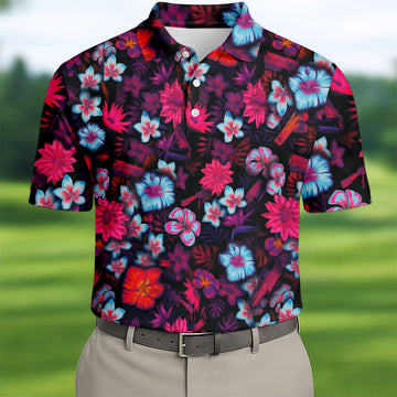 Colorful Hibiscus Tropical Floral Hawaiian Golf Shirt, Summer Vibe Golf Shirts For Men