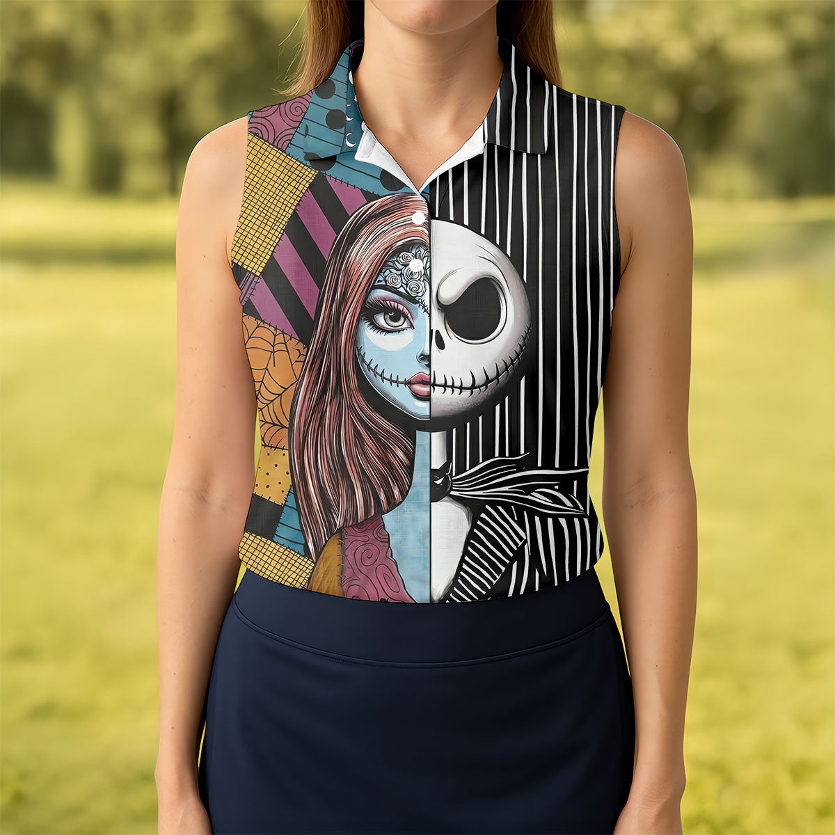 Half Sally And Jack Horror Character Golf Polo Shirt, Women's Golf Polo, Ladies Golf Shirts
