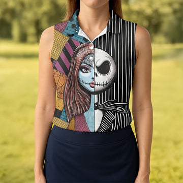 Half Sally And Jack Horror Character Golf Polo Shirt, Women's Golf Polo, Ladies Golf Shirts