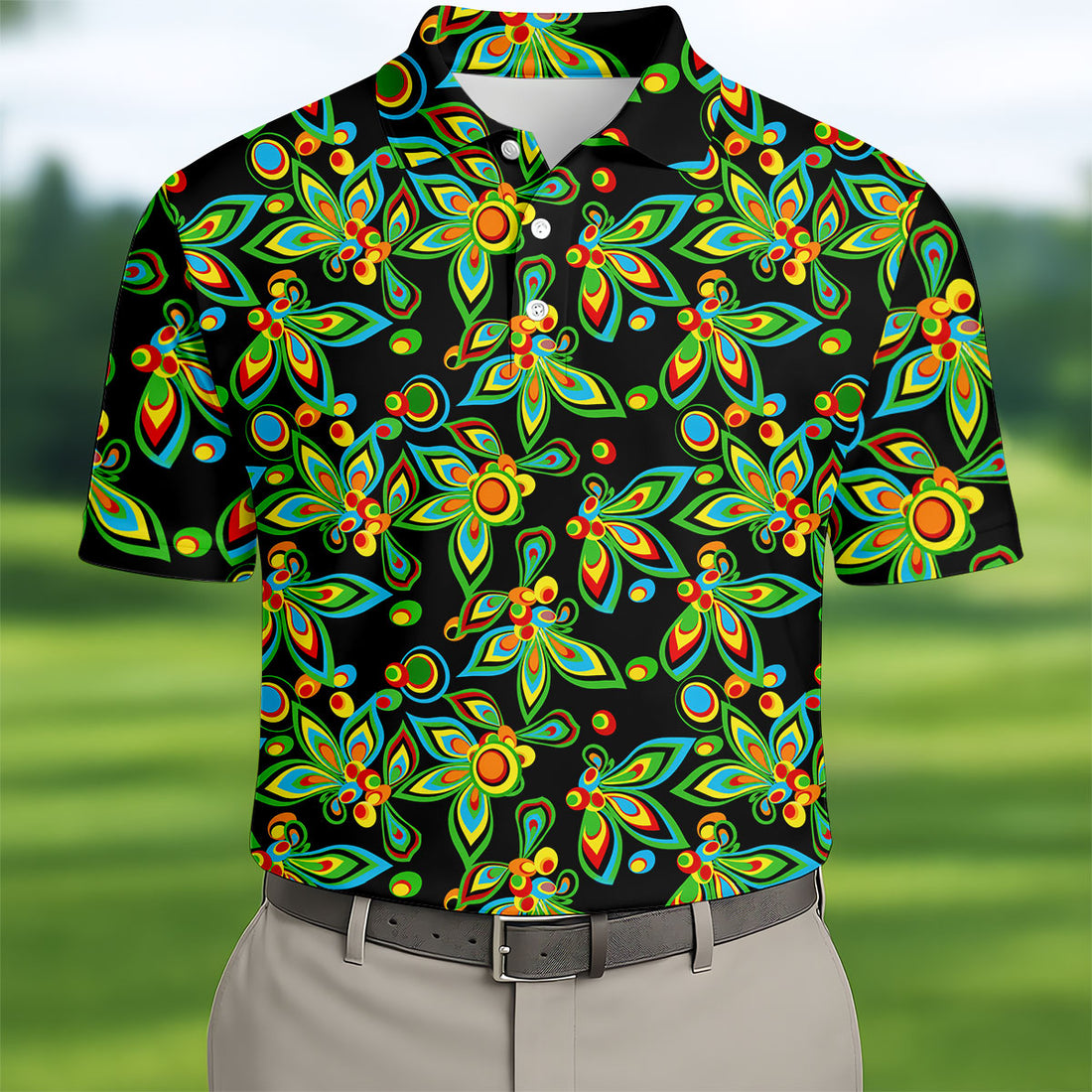 Black Colorful Floral Geometric Pattern Golf Shirt, Men's Golf Shirt, Golf Apparel For Men, Polo Shirts For Men