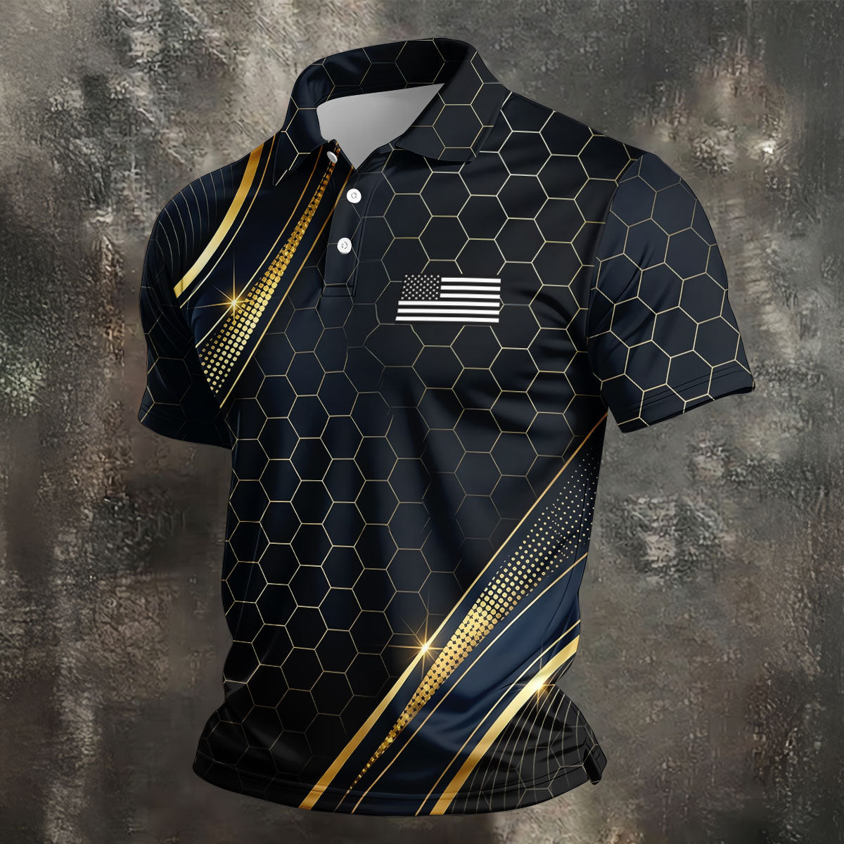 Gold Hexagonal US Flag Logo Retro Golf Shirt, 250 Years Patriotic 4th Of July Golf Shirts For Men