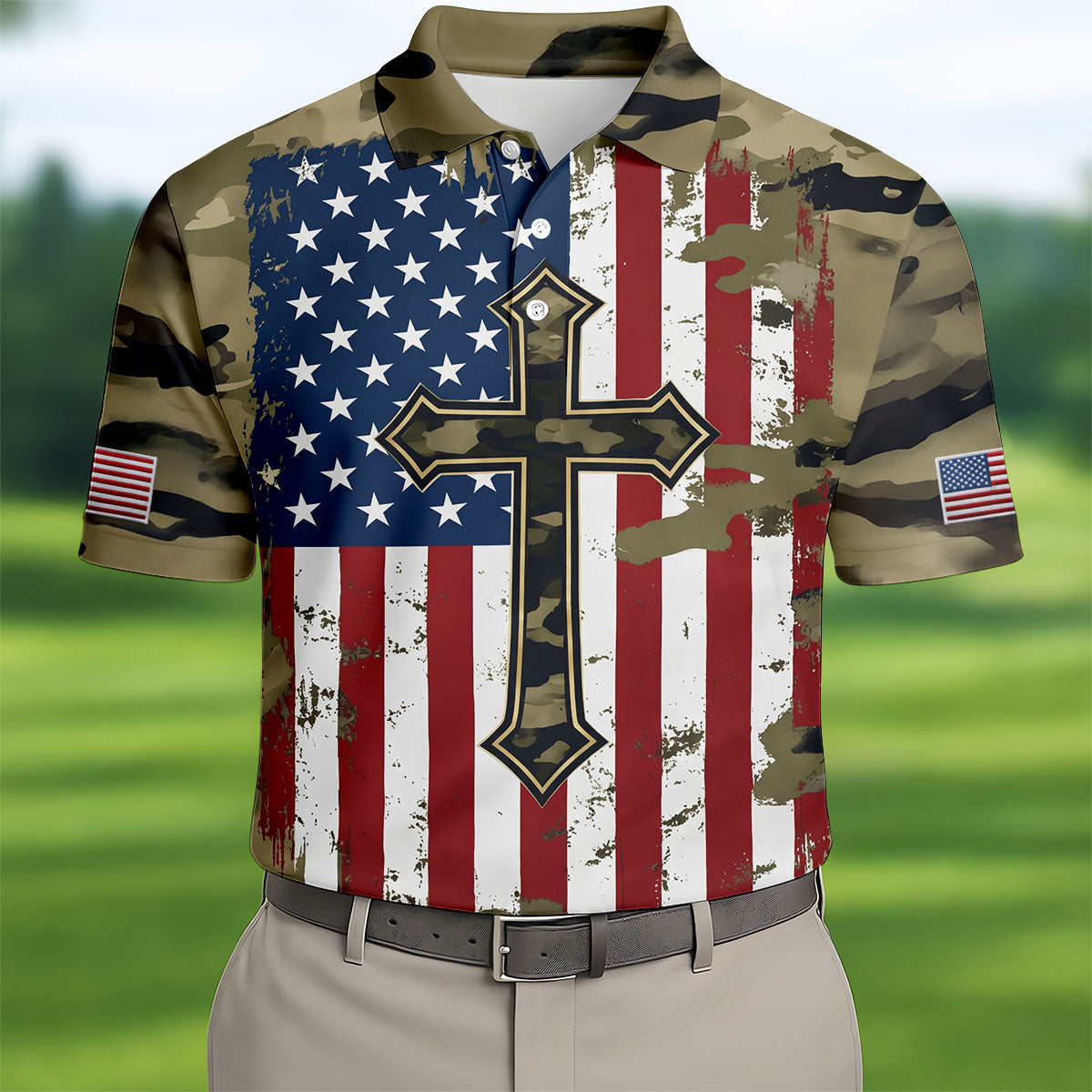 Faith Cross Green Camouflage US 250th Anniversary Golf Shirt, Patriotic Golf Shirt, Golf Shirts For Men