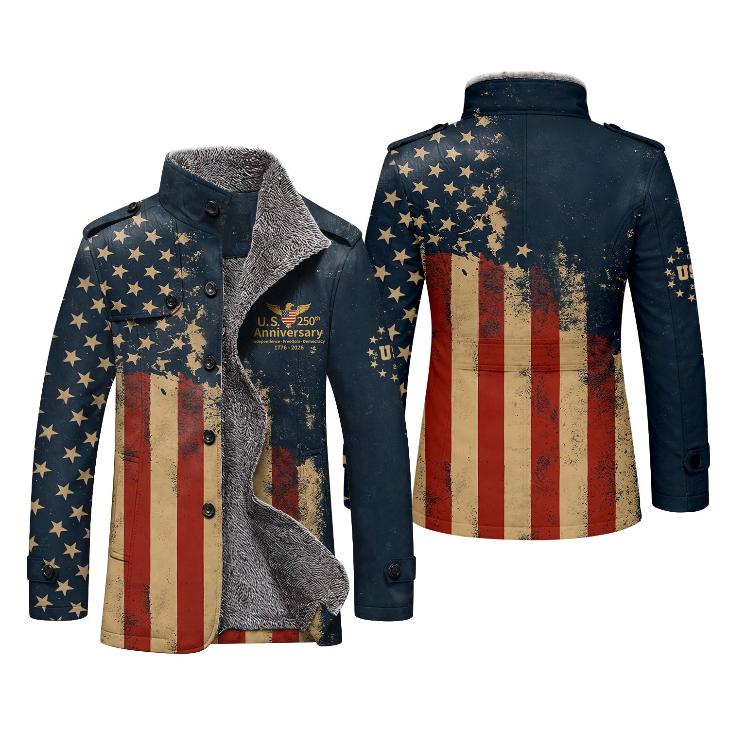 250th Anniversary Distressed Flag Men's Cold Premium Weather Jacket, Leather Trench Coat