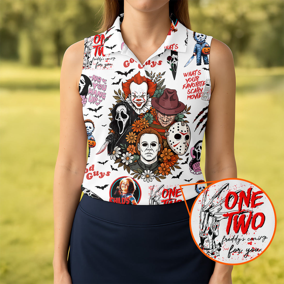 Horror Halloween Character Halloween Golf Shirt, Cool Golf Gift For Horror Fan, Women's Golf Tops