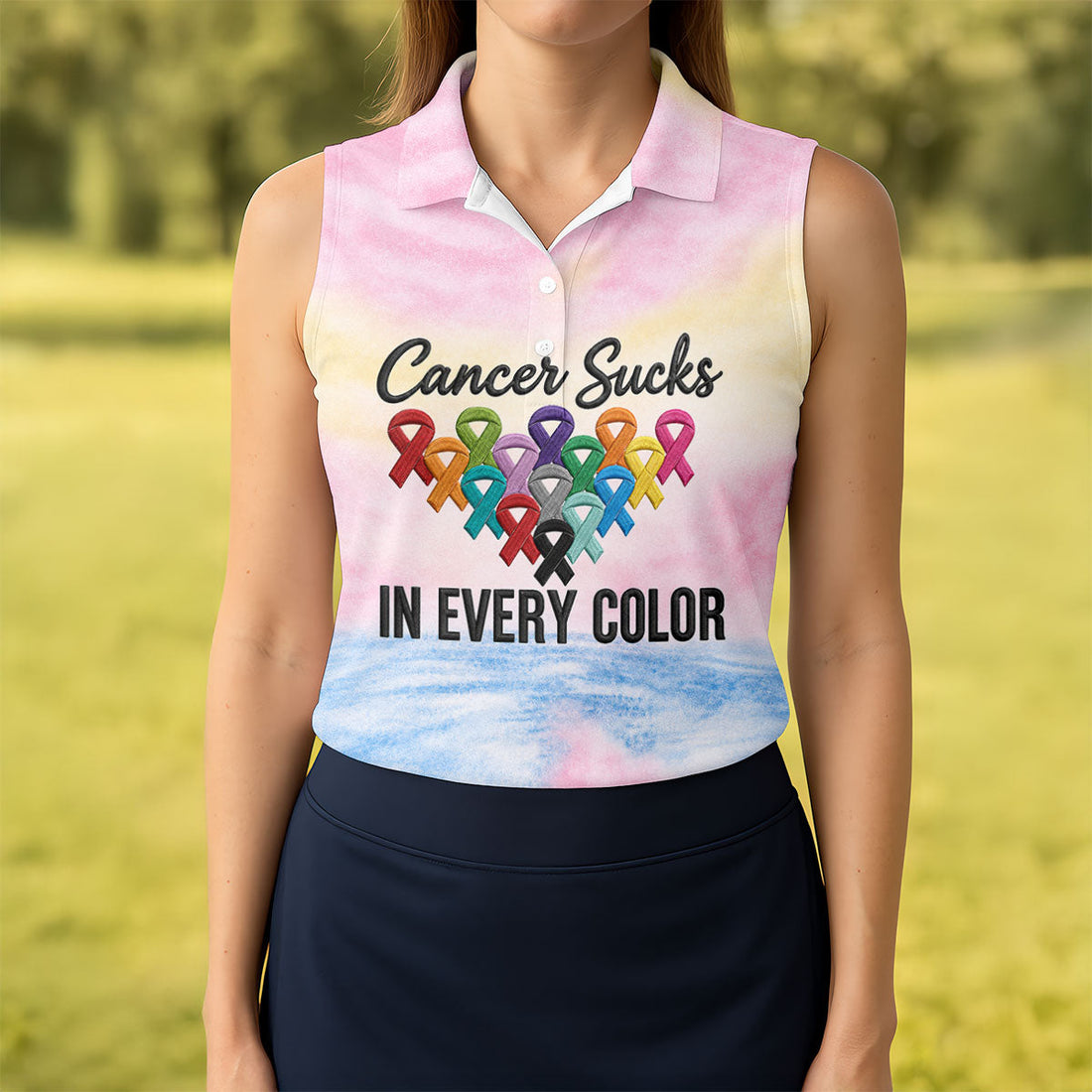 Cancer Sucks In Every Color Ribbon Polo Shirt, Ladies Golf Tops, Women’s Golf Polo