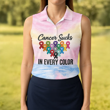 Cancer Sucks In Every Color Ribbon Polo Shirt, Ladies Golf Tops, Women’s Golf Polo