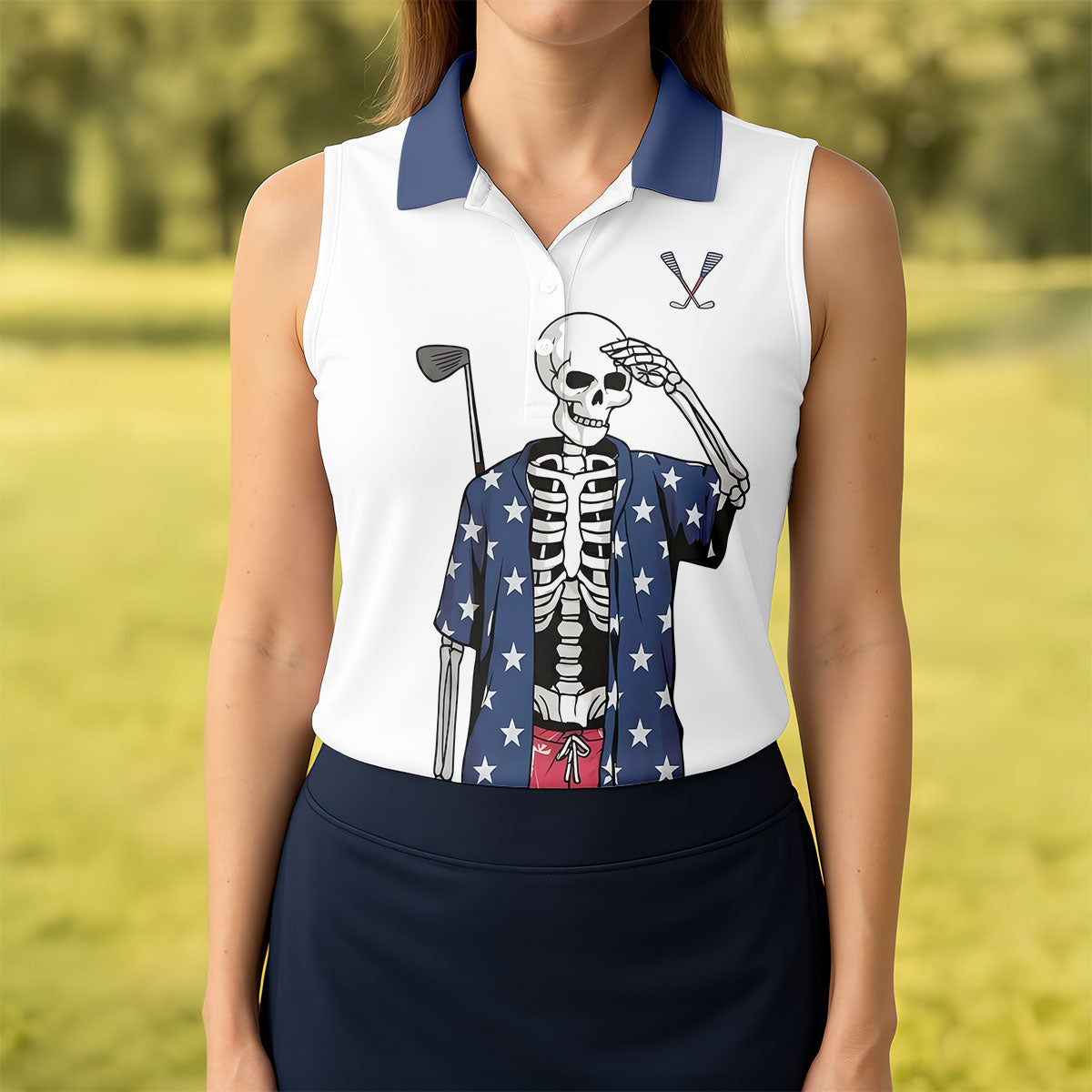 Skeleton Golf White Navy 4th Of July Patriotic Golf Shirt, 250 Years Golf Shirt For Women