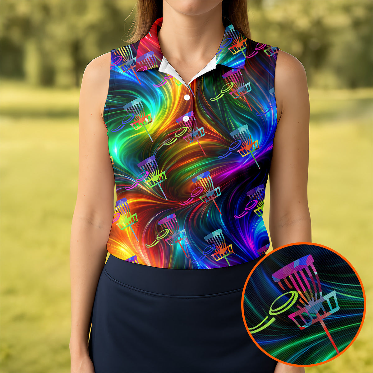 Colorful Disc Golf Basket Swirl Pattern Polo Shirt, Women’s Golf Tops, Hawaiian Golf Shirt, Performance Golf Shirt