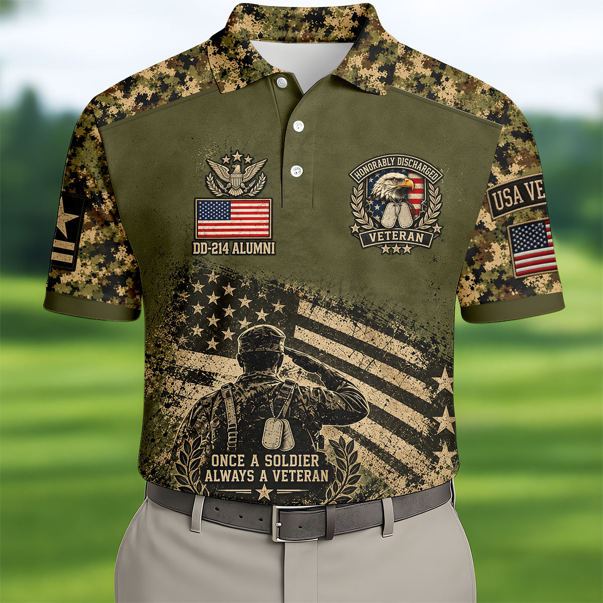 DD-214 Soldier Flag Camo Golf Polo Shirt, Mens Golf Apparel, Veterans Day Golf Shirt