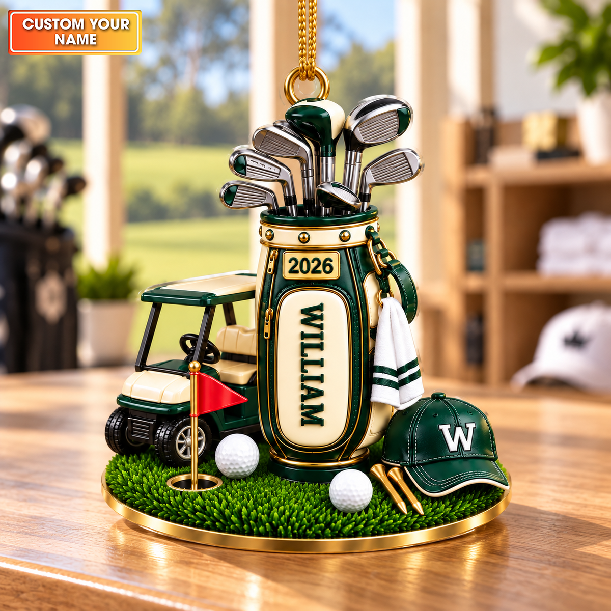 Custom Name Golf Bag Cart Acrylic Ornament, Golf Christmas Gifts, Holiday Decorations