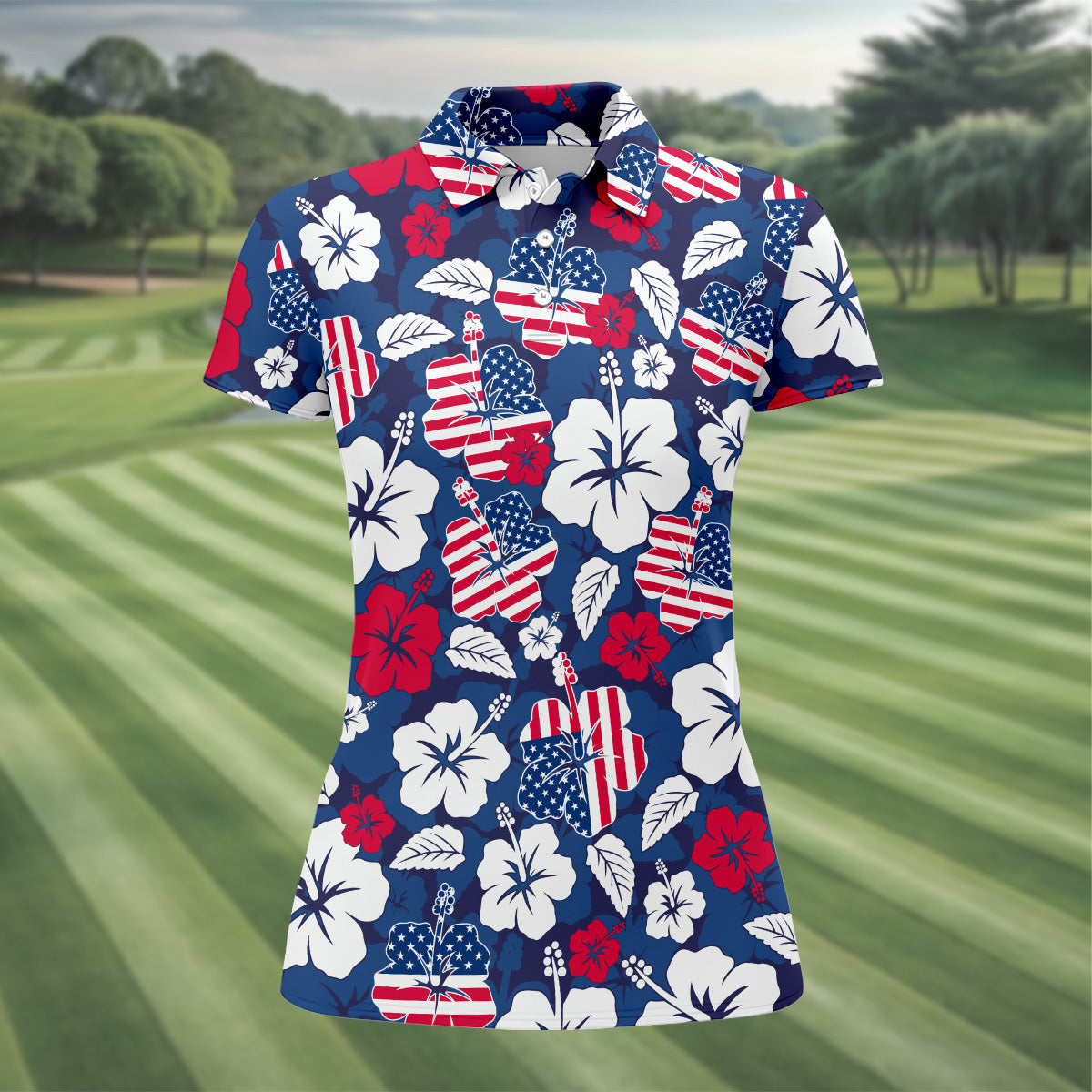 Tropical Hibiscus American Flag Womens Golf Polo Shirt, 4th Of July Shirts, US 250 Anniversary Ladies Golf Shirt