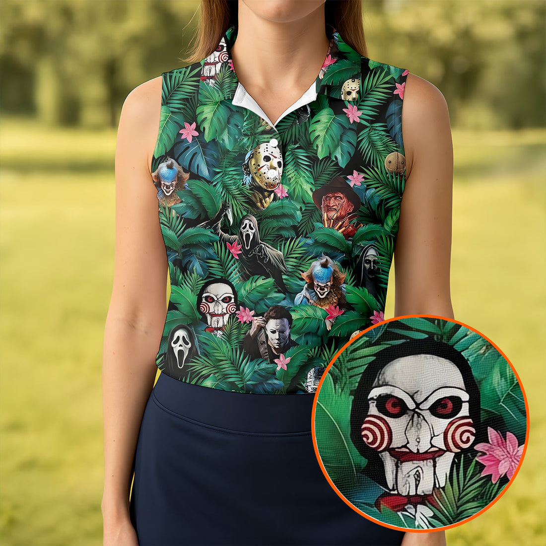 Tropical Horror Character Pattern Golf Polo Shirt, Womens Golf Polo, Ladies Golf Shirts