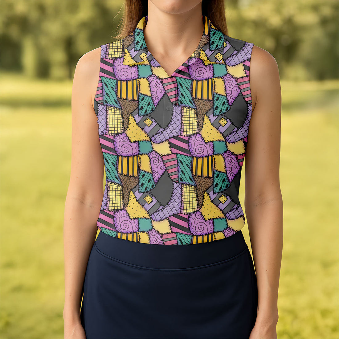 Halloween Patchwork Pattern Golf Polo Shirt, Women's Golf Tops, Golf Polo For Women