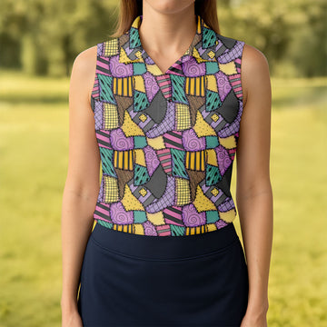 Halloween Patchwork Pattern Golf Polo Shirt, Women's Golf Tops, Golf Polo For Women