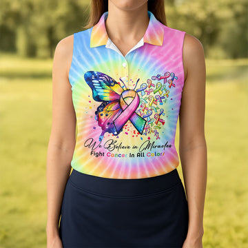 We Believe In Miracles Cancer Ribbon Polo Shirt, Women's Golf Polo, Golf Tops For Women