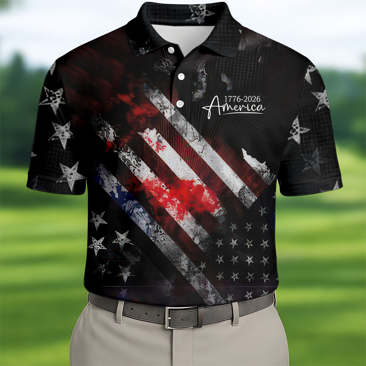 1776-2026 America Distressed Flag Black Golf Shirt, Patriotic 4th Of July Golf Shirts For Men