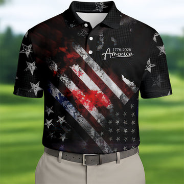 1776-2026 America Distressed Flag Black Golf Shirt, Patriotic 4th Of July Golf Shirts For Men