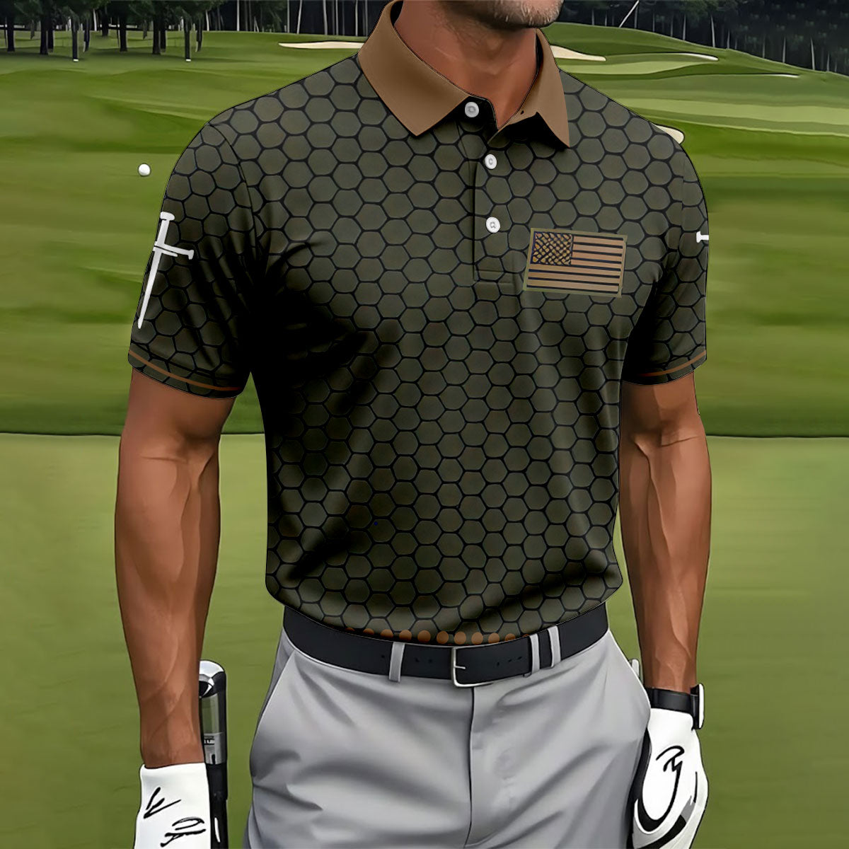 Faith Cross America 250 Anniversary Hexagonal Pattern Patriotic Golf Shirt, Golf Shirts For Men