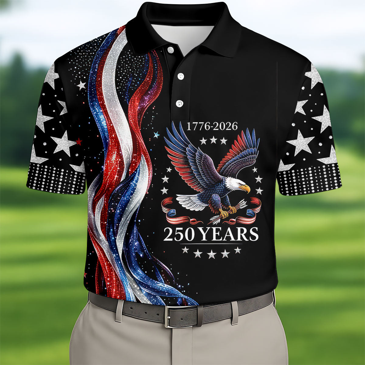 USA 250th Anniversary Bald Eagle Galaxy Art Golf Shirt, Patriotic 4th Of July Golf Shirts For Men
