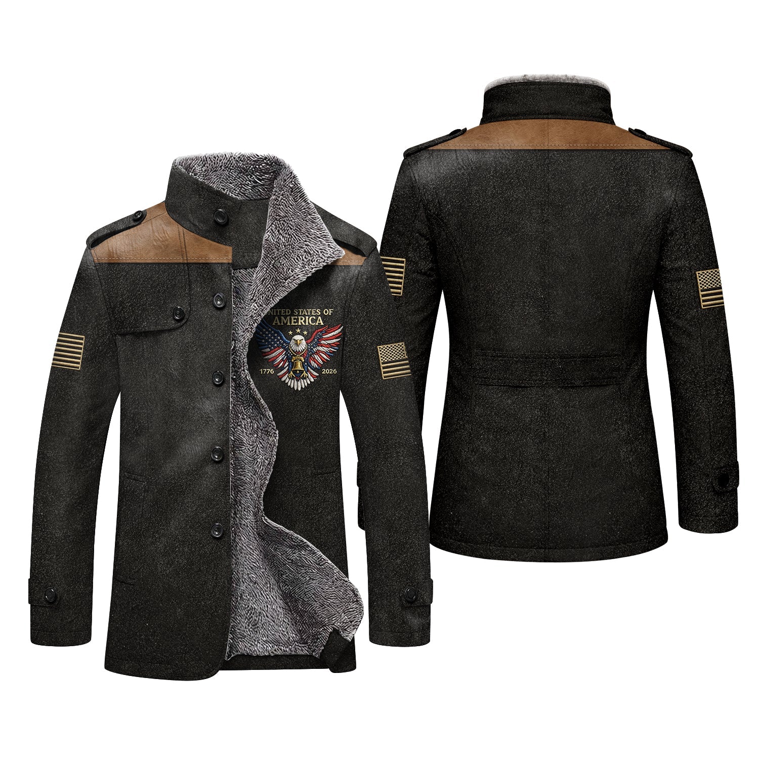 250 Years Red White Blue USA Bald Eagle Men's Cold Premium Weather Jacket, Leather Trench Coat