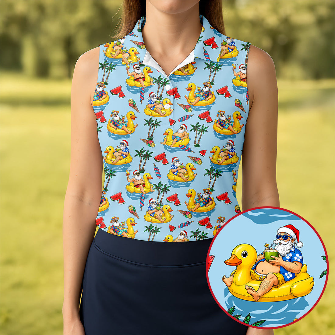Women's Santa Duck Pool Float Hawaiian Golf Shirt, Christmas Golf Shirt, Women’s Golf Polo