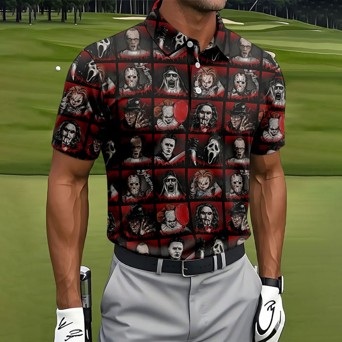 Horror Character Grid Halloween Golf Shirt, Mens Golf Polo, Golf Apparel For Men
