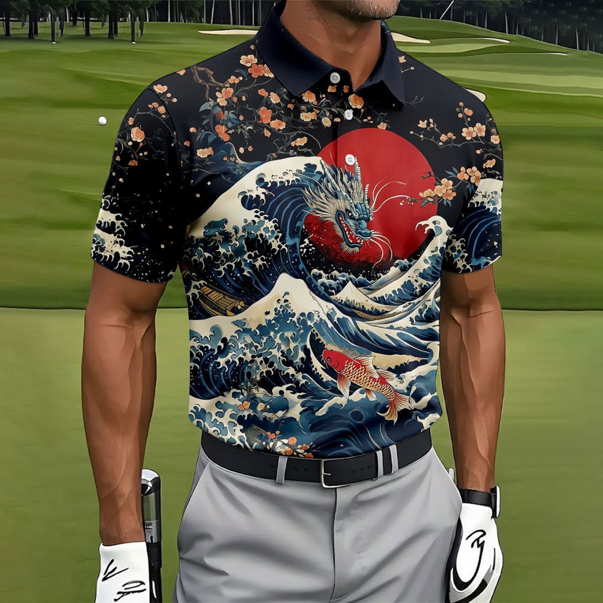 Japanese Dragon Koi Wave Hawaiian Golf Shirt, Mens Golf Apparel, Golf Polo Shirts For Men